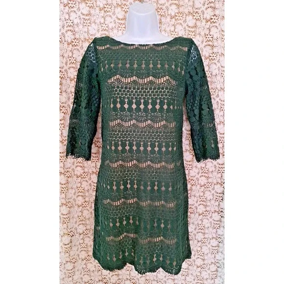 DB established 1962 Dress 4 Green Lace Overlay Tan Lining 3/4 Sleeve Back Zipper - Picture 2 of 10